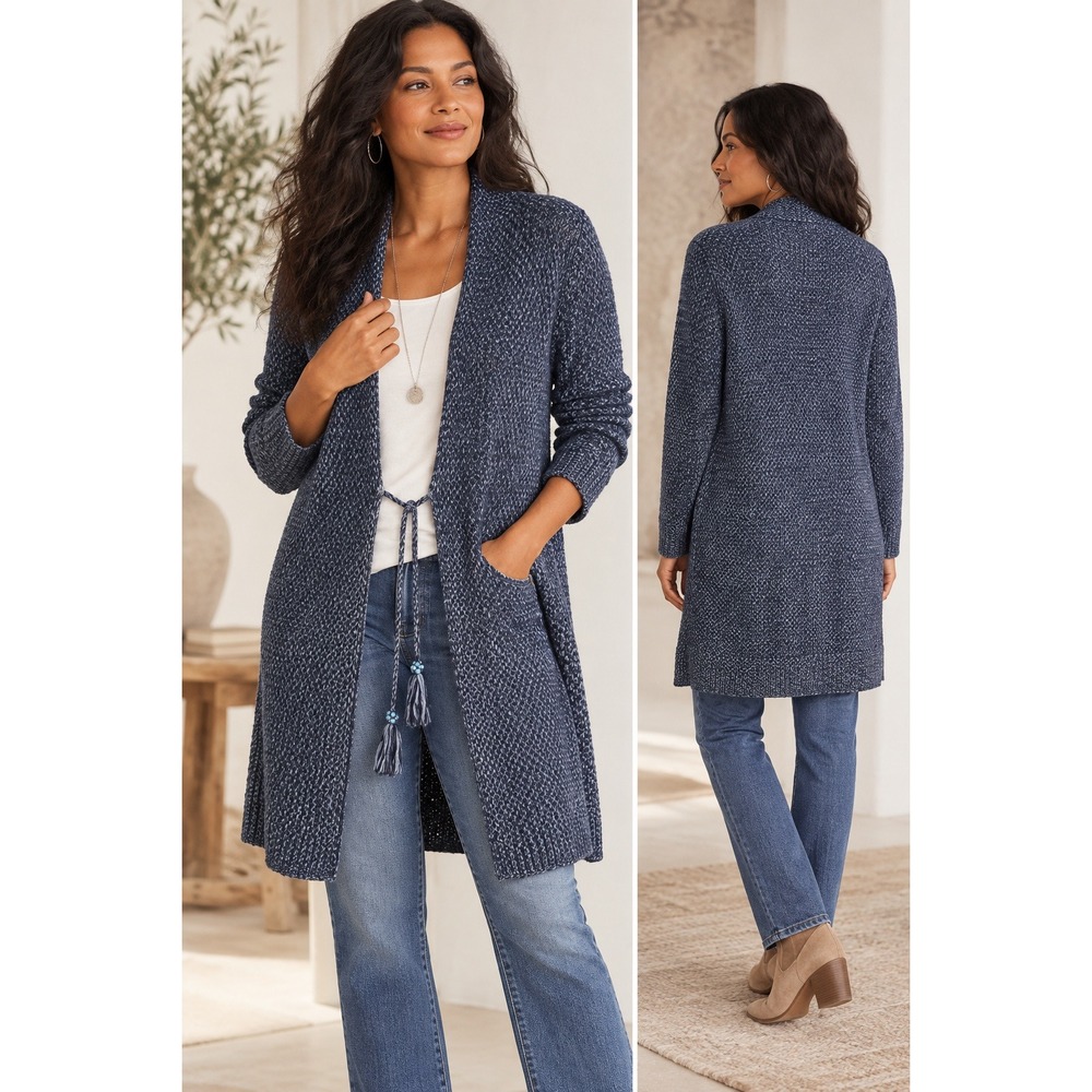 J. Jill Blue Wool Blend Long Cardigan Sweater Tie Waist Boho Small